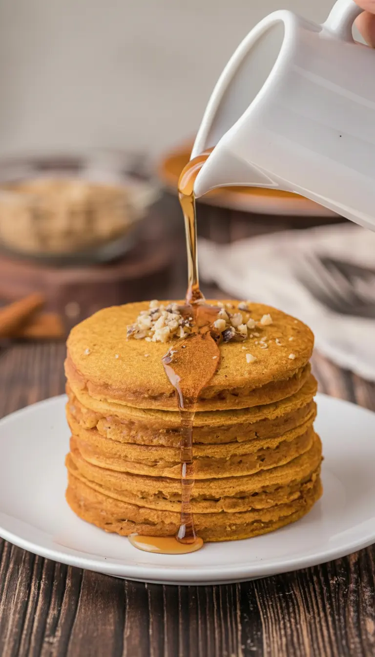 A stack of fluffy pumpkin pancakes on a minimalist white plate (or teal plate with gold rim as in the main image), with a fork gently pulling away a piece, revealing the tender, airy interior texture. A stream of maple syrup drizzles onto the stack, reflecting the warm morning light. Chopped walnuts are sprinkled on top. The scene is clean, tidy, and has soft shadows on a marble countertop. (3:4 ratio)