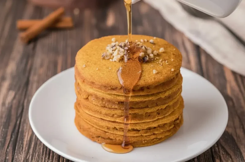 A towering stack of perfectly golden-orange pumpkin pancakes, generously drizzled with rich amber maple syrup cascading down the sides. The pancakes are topped with finely chopped walnuts and a light dusting of cinnamon. They are presented on a vibrant teal blue plate with a delicate gold rim, set on a rustic wooden surface. Natural morning light from an east window casts soft shadows. The background hints at marble countertops and fresh herbs, maintaining a clean and tidy presentation. (4:3 ratio)