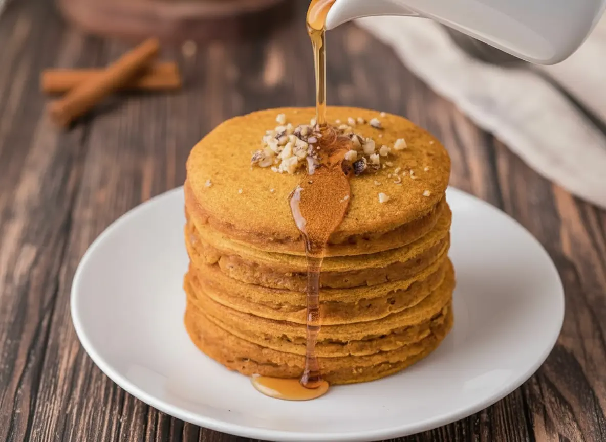 A towering stack of perfectly golden-orange pumpkin pancakes, generously drizzled with rich amber maple syrup cascading down the sides. The pancakes are topped with finely chopped walnuts and a light dusting of cinnamon. They are presented on a vibrant teal blue plate with a delicate gold rim, set on a rustic wooden surface. Natural morning light from an east window casts soft shadows. The background hints at marble countertops and fresh herbs, maintaining a clean and tidy presentation. (4:3 ratio)