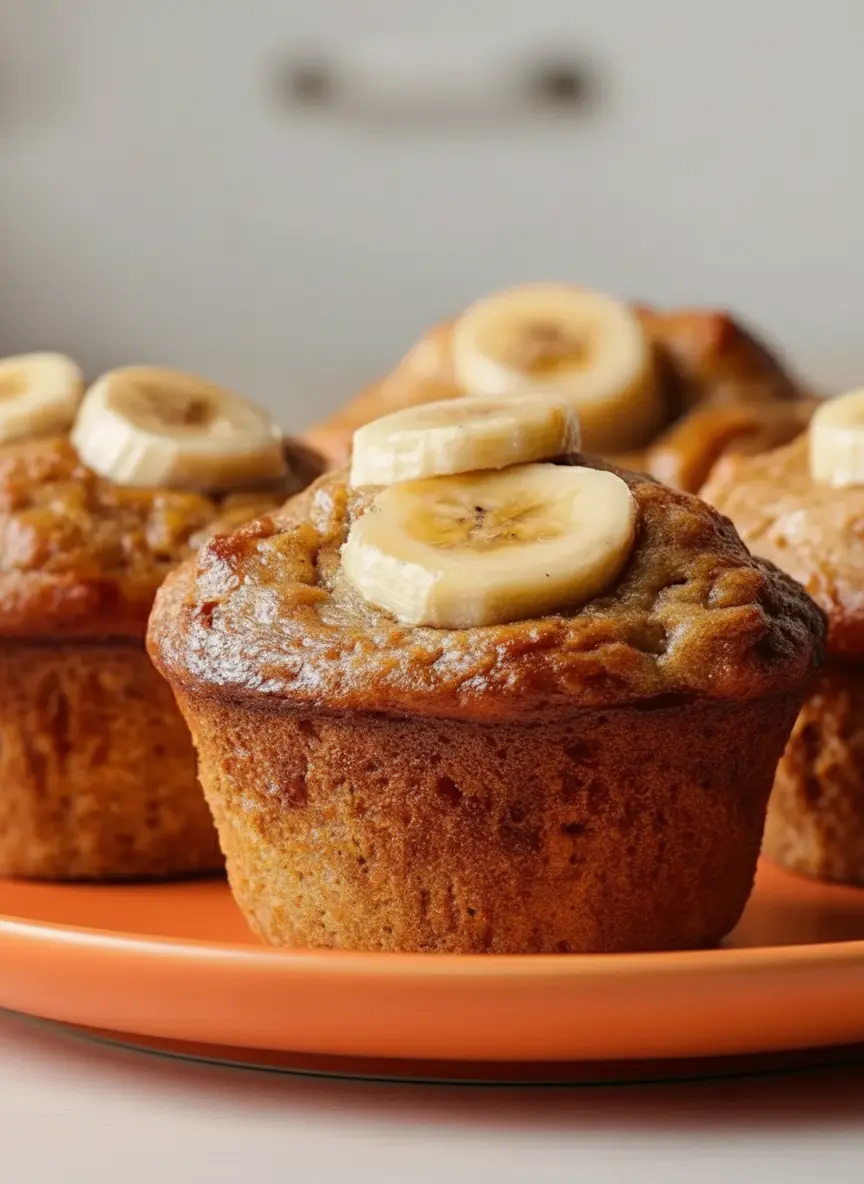Process shot of Greek Yogurt Banana Muffins batter: A wooden spoon gently folding the ingredients in a large ceramic mixing bowl, showing the thick, lumpy batter with visible mashed banana. A muffin tin, partially filled, is in the background on a marble countertop, reflecting the clean kitchen aesthetic. Natural morning light illuminates the process with warm tones. (3:4 ratio)