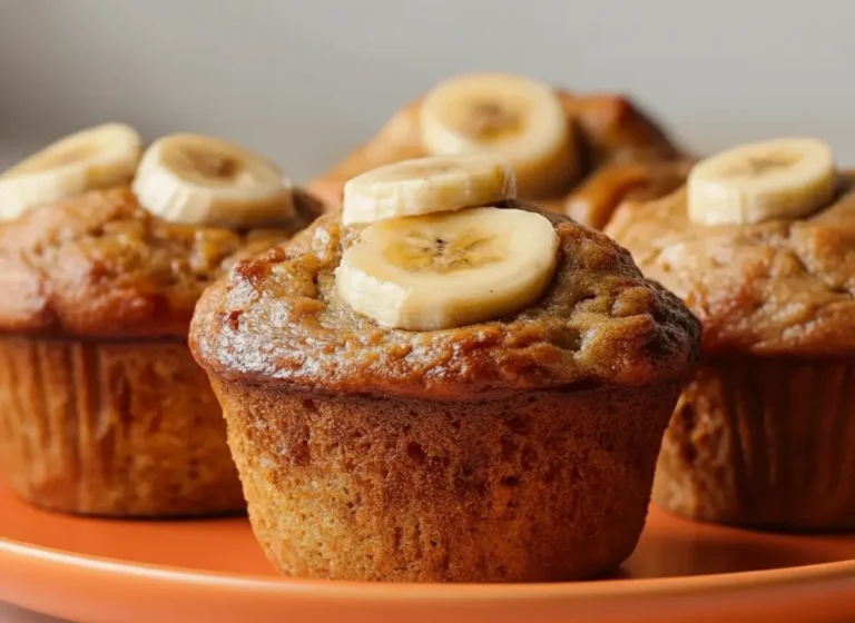 A close-up shot of several golden-brown Greek Yogurt Banana Muffins, perfectly domed and topped with fresh banana slices, arranged on a minimalist white plate on a marble countertop. The scene is bathed in natural morning light from an east window, casting soft shadows, with warm tones. A hint of a wooden cutting board is visible in the background, which is clean and tidy. (4:3 ratio)