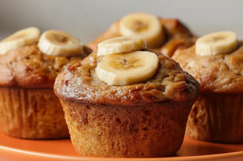 A close-up shot of several golden-brown Greek Yogurt Banana Muffins, perfectly domed and topped with fresh banana slices, arranged on a minimalist white plate on a marble countertop. The scene is bathed in natural morning light from an east window, casting soft shadows, with warm tones. A hint of a wooden cutting board is visible in the background, which is clean and tidy. (4:3 ratio)