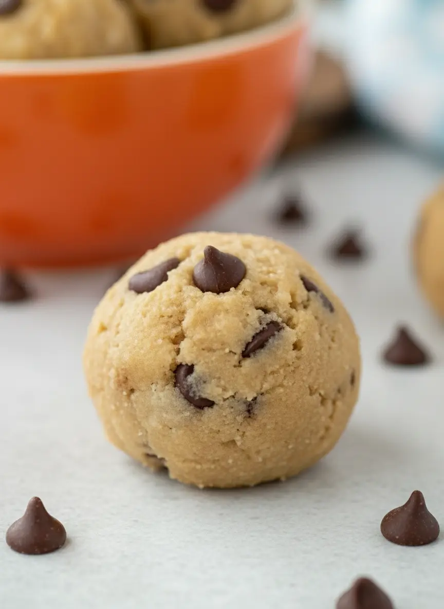 A 3:4 top-down shot of the ingredients for Greek yogurt peanut butter bites arranged on a weathered wooden cutting board. A small bowl of creamy peanut butter, a container of thick Greek yogurt, and a pile of chocolate chips are featured prominently on the marble counter.