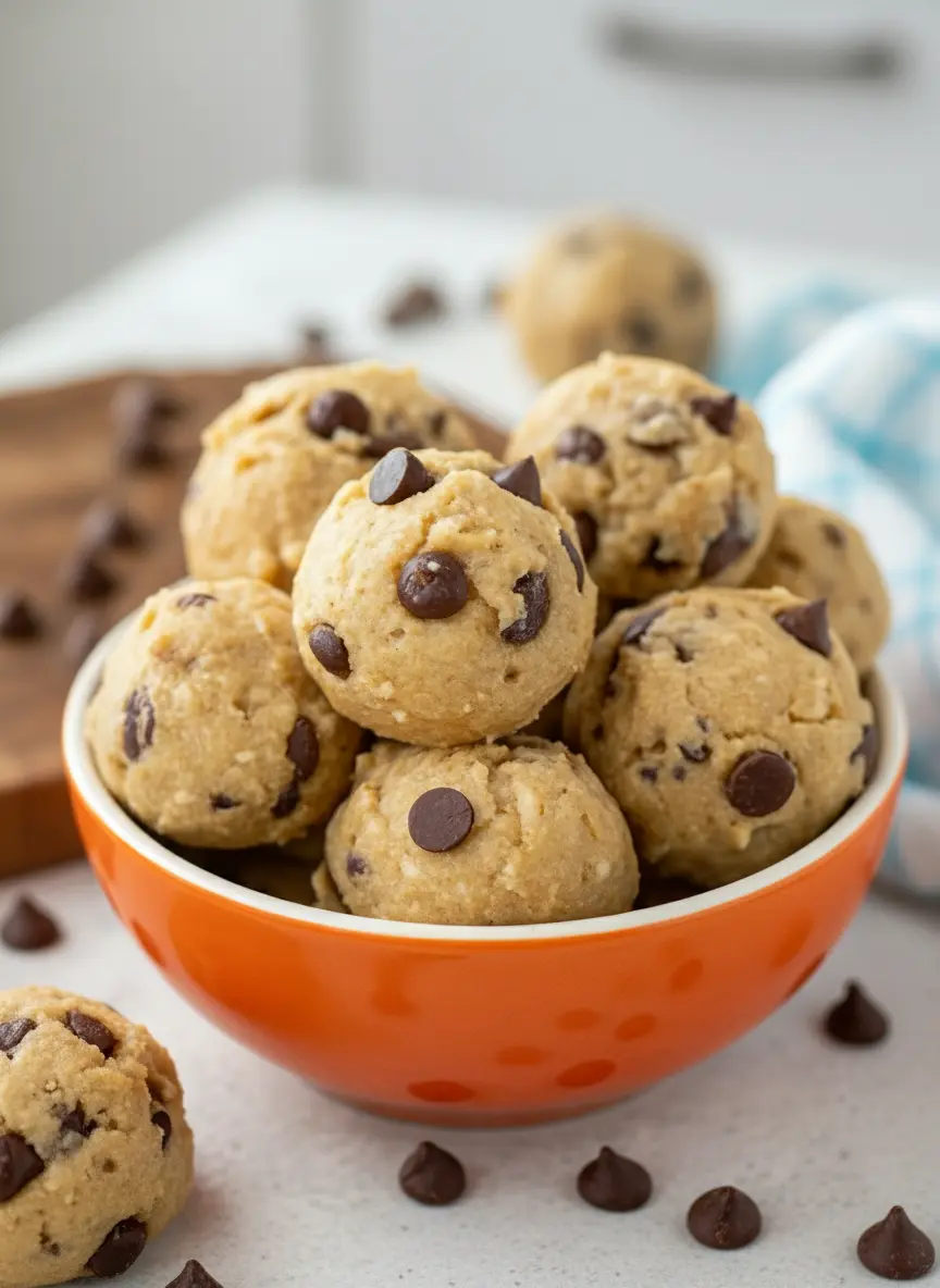 A 3:4 process shot showing several perfectly round, matte-textured peanut butter bites being lined up on a sheet of parchment paper over a marble surface. The golden-tan color of the dough contrasts beautifully with the dark chocolate chips. No hands visible.