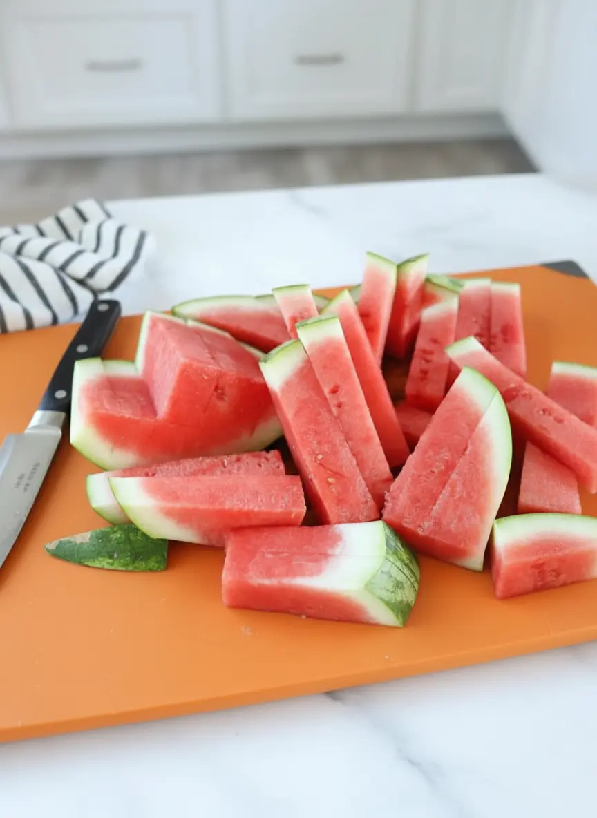 A close-up shot of a watermelon half, with the first few clean, precise cuts being made to create the long strips, revealing the vibrant red flesh. The scene is on a wooden cutting board, bathed in natural morning light from an east window, with soft shadows. (3:4)