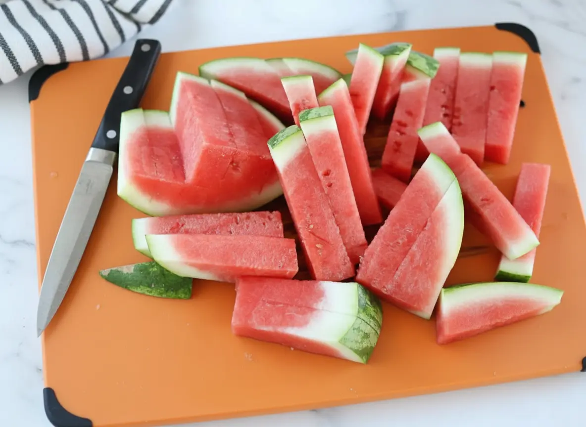 A white minimalist plate overflowing with perfectly cut, vibrant red watermelon sticks, each displaying a thin strip of white and green rind. Fresh mint leaves are scattered around the base of the sticks. The scene is bathed in natural morning light from an east window, highlighting the marble countertop with a subtle wood accent in the background. Soft shadows, warm tones, and a clean, tidy presentation. (4:3)