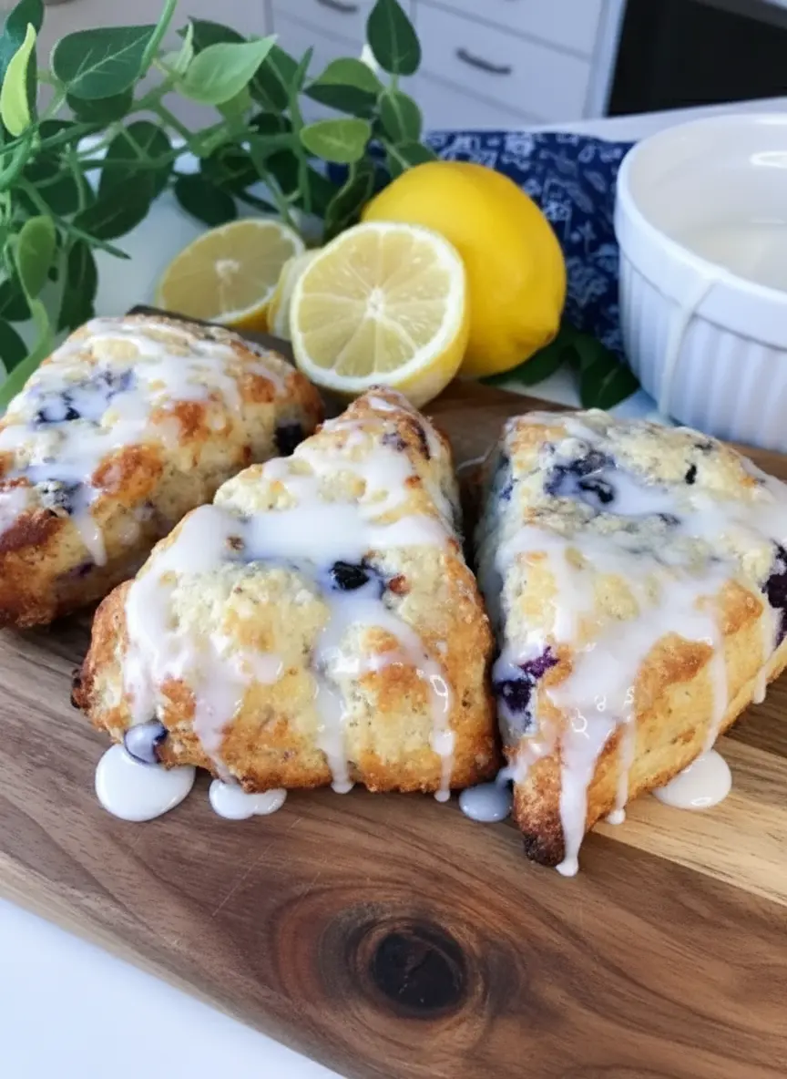 A rustic wooden cutting board with a circle of Lemon Blueberry Scones with Yogurt dough, gently patted into shape and cut into triangular wedges, ready for baking. Flouring on the surface. Shot with natural morning light on a marble countertop, with warm tones. No hands or people. (3:4 ratio)