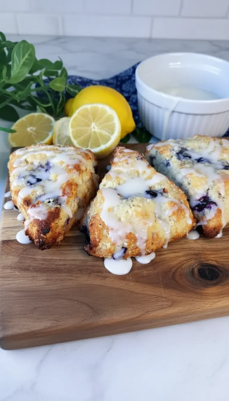 A single Lemon Blueberry Scone with Yogurt on a minimalist white plate, showcasing its flaky texture, visible blueberries, and generous, slightly melted white lemon glaze. A fresh lemon slice is beside it. Shot in natural morning light on a marble countertop with soft shadows. No hands or people. (3:4 ratio)
