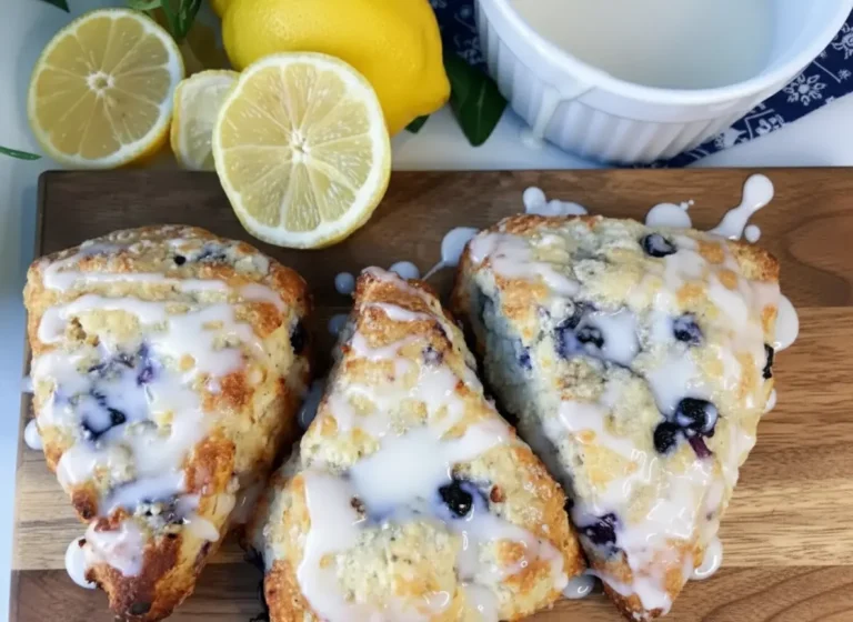 Three golden brown triangular Lemon Blueberry Scones with Yogurt, generously drizzled with a bright white lemon glaze, arranged on a rustic wooden cutting board. Visible fresh lemon slices and a small ceramic bowl of glaze are in the background. Shot in natural morning light from an east window on a marble countertop, with soft shadows and warm tones. No hands or people. (4:3 ratio)