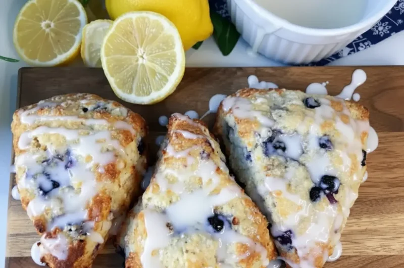 Three golden brown triangular Lemon Blueberry Scones with Yogurt, generously drizzled with a bright white lemon glaze, arranged on a rustic wooden cutting board. Visible fresh lemon slices and a small ceramic bowl of glaze are in the background. Shot in natural morning light from an east window on a marble countertop, with soft shadows and warm tones. No hands or people. (4:3 ratio)