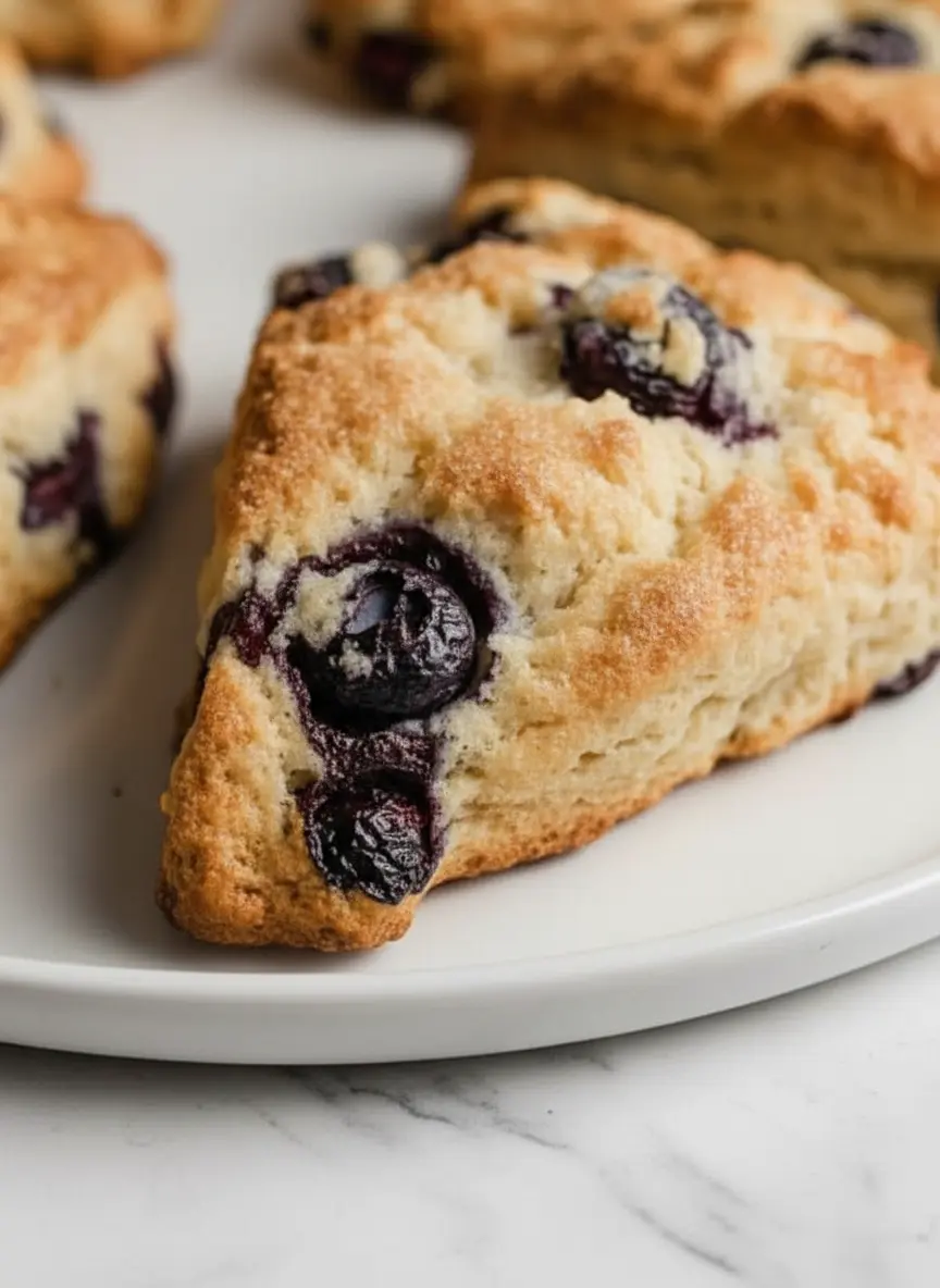 A 3:4 close-up shot of cold butter cubes being cut into a bowl of dry flour mixture on a marble countertop, with a lemon and a scattering of fresh blueberries in the background. Natural morning light, soft shadows, and a clean, tidy presentation.
