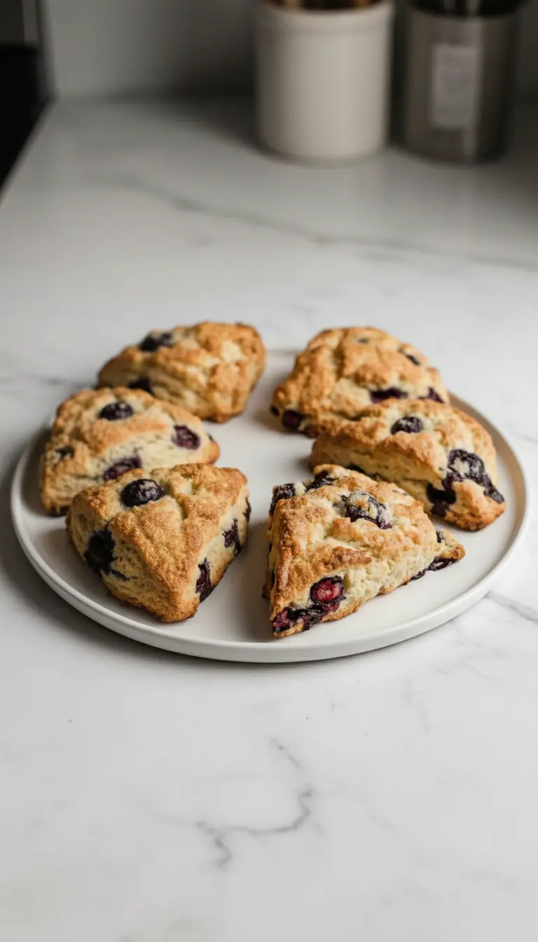 A 3:4 shot of a freshly baked Lemon Blueberry Sourdough Scone, cracked open to reveal its tender, flaky interior with juicy blueberries. It rests on a minimalist white ceramic plate on a marble countertop, with a sprig of fresh mint and lemon slice nearby. Soft shadows and warm tones.