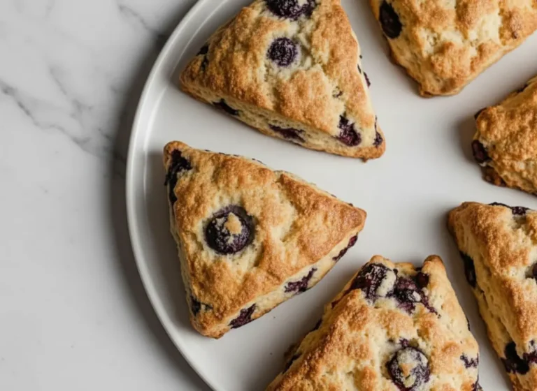 A hero shot (4:3) of golden-brown Lemon Blueberry Sourdough Scones, triangularly cut, with visible bursts of purple blueberries, resting on parchment paper on a baking sheet. The scene is bathed in natural morning light from an east window, with soft shadows. A corner of a marble countertop and a wooden cutting board are subtly visible in the background, with fresh herbs providing a touch of green.