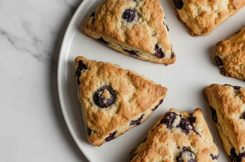 A hero shot (4:3) of golden-brown Lemon Blueberry Sourdough Scones, triangularly cut, with visible bursts of purple blueberries, resting on parchment paper on a baking sheet. The scene is bathed in natural morning light from an east window, with soft shadows. A corner of a marble countertop and a wooden cutting board are subtly visible in the background, with fresh herbs providing a touch of green.