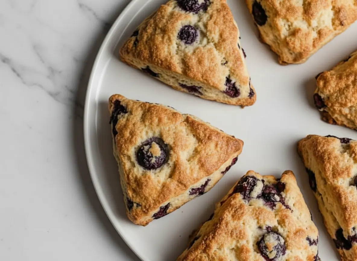 A hero shot (4:3) of golden-brown Lemon Blueberry Sourdough Scones, triangularly cut, with visible bursts of purple blueberries, resting on parchment paper on a baking sheet. The scene is bathed in natural morning light from an east window, with soft shadows. A corner of a marble countertop and a wooden cutting board are subtly visible in the background, with fresh herbs providing a touch of green.