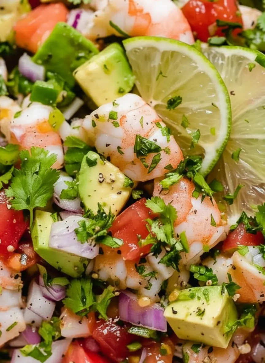 Close-up of fresh, colorful ingredients for Lime Shrimp and Avocado Salad neatly arranged on a rustic wooden cutting board: diced pink shrimp, vibrant green avocado cubes, red diced tomatoes, finely chopped red onion, and a small bunch of fresh cilantro, all bathed in natural morning light on a marble countertop, 3:4 ratio.
