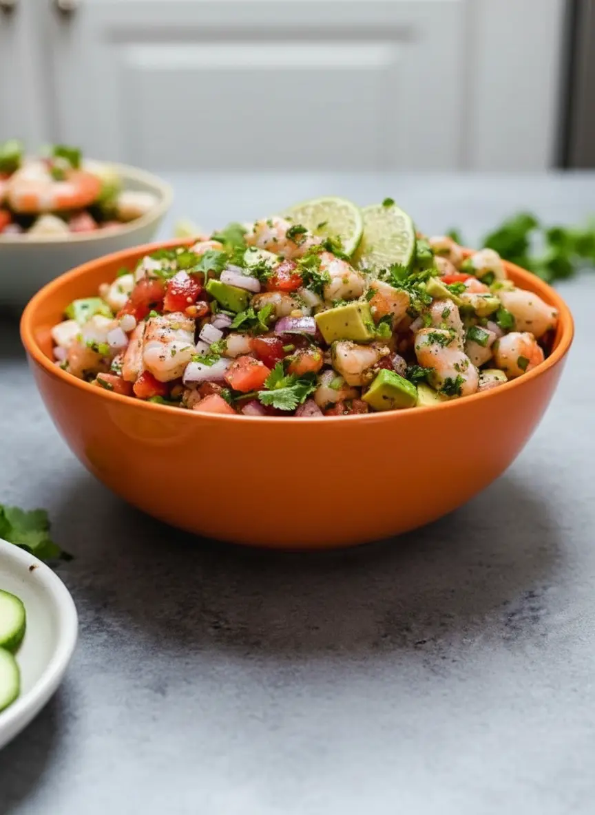 A step-by-step process shot showing a stream of freshly squeezed lime juice and olive oil being poured over the mixed diced shrimp, avocado, tomatoes, red onion, and cilantro in a white ceramic bowl, mid-toss with a wooden spoon, on a marble countertop with soft shadows, 3:4 ratio.