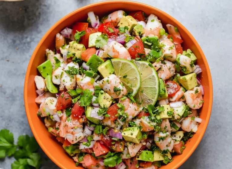 A beautifully plated, vibrant Lime Shrimp and Avocado Salad in a minimalist white ceramic bowl, garnished with fresh lime slices and cilantro, captured with natural morning light on a marble countertop with subtle wood accents in the background. The scene is clean, tidy, and has warm tones, showcasing the fresh ingredients and inviting texture, 4:3 ratio.