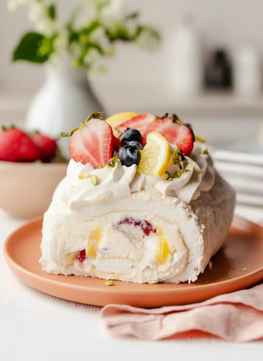 A sheet of freshly baked meringue, still slightly warm and pliable, inverted onto a sheet of parchment paper generously dusted with powdered sugar. A spatula is gently spreading rich vanilla whipped cream over the meringue surface, with dots of bright yellow lemon curd visible, prior to adding fresh berries. The scene is set on a marble countertop with soft morning light, a wooden accent nearby. (3:4 ratio)