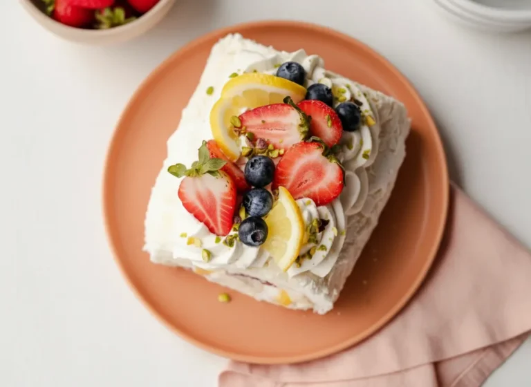A stunning, elegantly presented Meringue Roulade, sliced to reveal the internal swirl of vanilla cream, bright yellow lemon curd, and red berry pieces. The cut slice sits on a minimalist peach-colored round plate, centered in the frame. The meringue roll is topped with generous dollops of whipped cream, fresh halved strawberries, plump blueberries, thin lemon slices, and a sprinkle of chopped pistachios. The background features natural morning light from an east window casting soft shadows, a white vase with green fresh herbs, and a hint of a wooden accent on a clean marble countertop. Warm tones, clean and tidy presentation. (4:3 ratio)