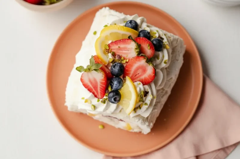 A stunning, elegantly presented Meringue Roulade, sliced to reveal the internal swirl of vanilla cream, bright yellow lemon curd, and red berry pieces. The cut slice sits on a minimalist peach-colored round plate, centered in the frame. The meringue roll is topped with generous dollops of whipped cream, fresh halved strawberries, plump blueberries, thin lemon slices, and a sprinkle of chopped pistachios. The background features natural morning light from an east window casting soft shadows, a white vase with green fresh herbs, and a hint of a wooden accent on a clean marble countertop. Warm tones, clean and tidy presentation. (4:3 ratio)
