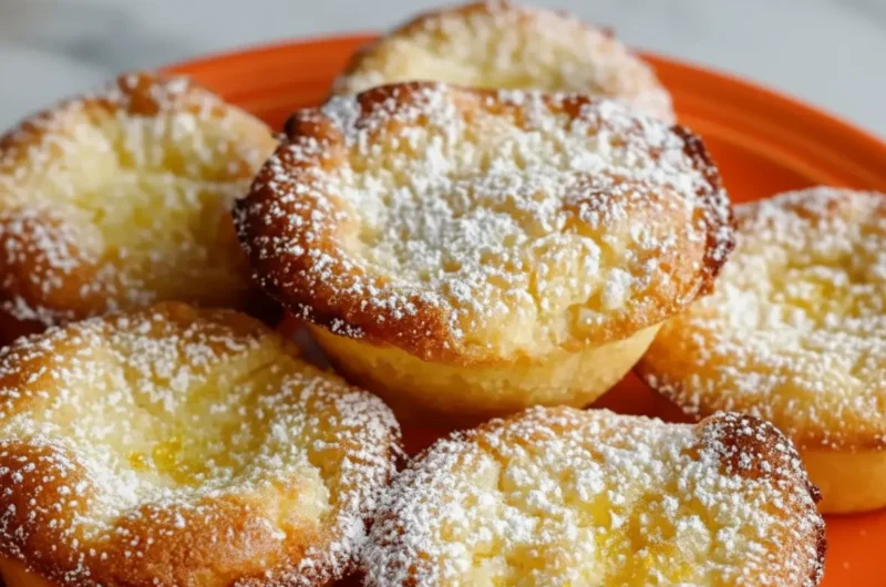 A close-up shot of five Mini Baby Lemon Impossible Pies piled on a minimalist white ceramic plate. The pies are golden-brown with slightly sunken, crinkly custard tops, generously dusted with white powdered sugar. The scene is set on a white marble countertop with a rustic wooden cutting board beneath the plate. Soft morning light from an east window casts gentle shadows across the table, with fresh mint herbs blurred in the warm-toned background.