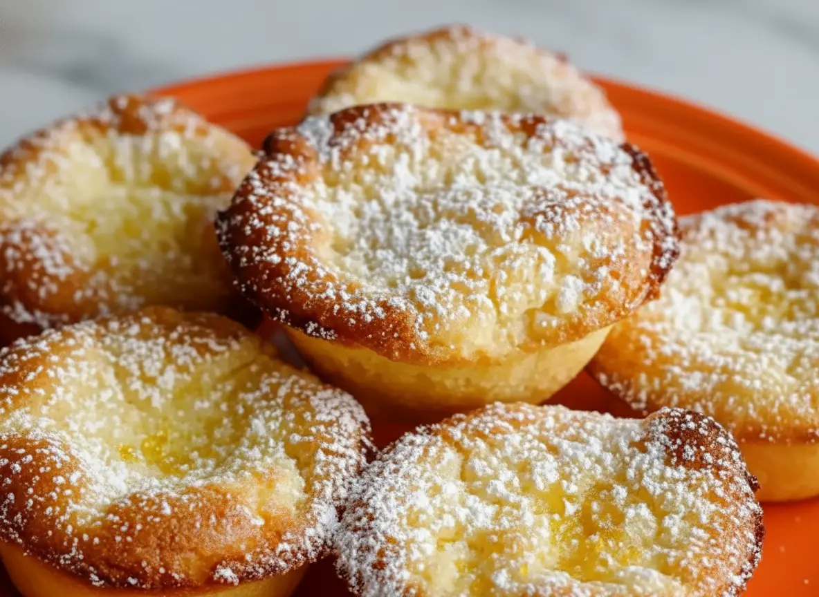A close-up shot of five Mini Baby Lemon Impossible Pies piled on a minimalist white ceramic plate. The pies are golden-brown with slightly sunken, crinkly custard tops, generously dusted with white powdered sugar. The scene is set on a white marble countertop with a rustic wooden cutting board beneath the plate. Soft morning light from an east window casts gentle shadows across the table, with fresh mint herbs blurred in the warm-toned background.