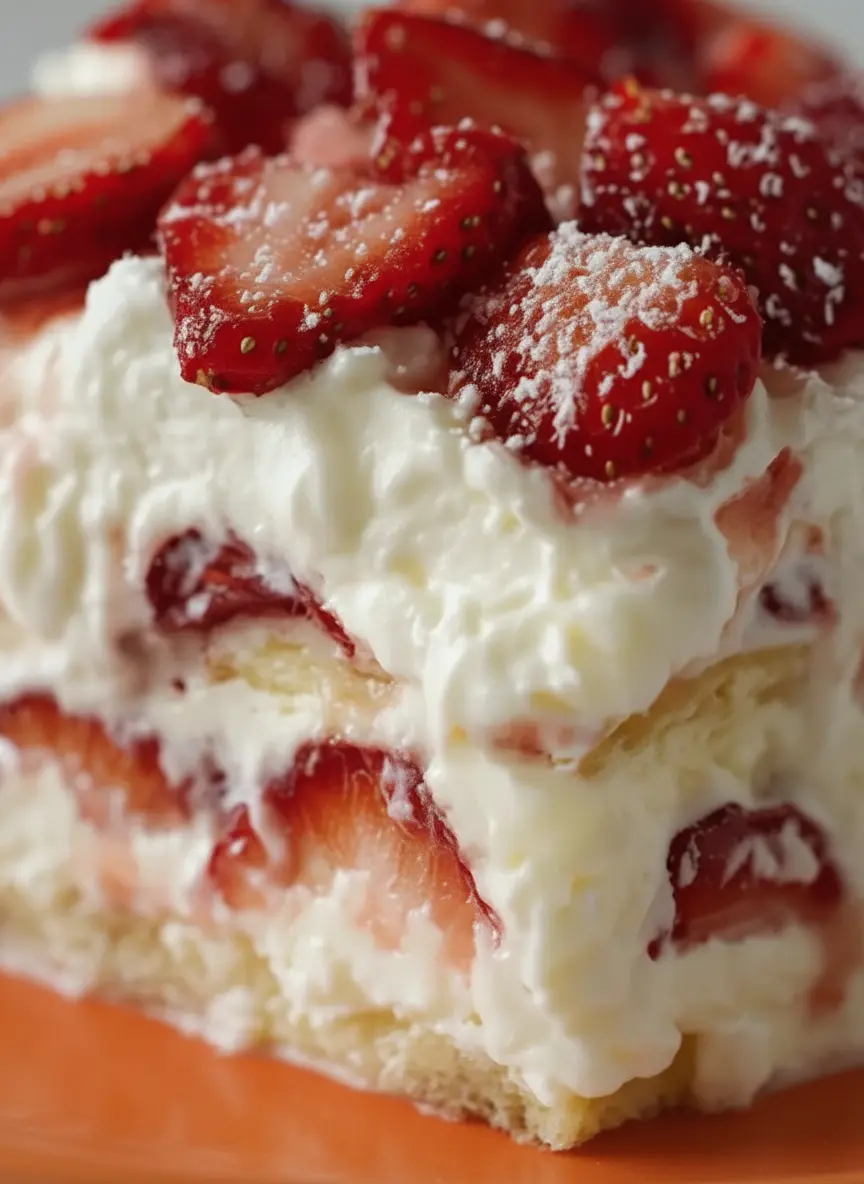 A flat lay shot of the ingredients for No-Bake Strawberry Cheesecake Lasagna: a bowl of graham cracker crumbs, a block of cream cheese, a carton of whipped topping, a bowl of fresh, hulled strawberries, and a small measuring cup of melted butter. All arranged neatly on a marble countertop with wood accents, bathed in natural morning light, with fresh herbs gently blurred in the background, clean and tidy presentation. (3:4 ratio)