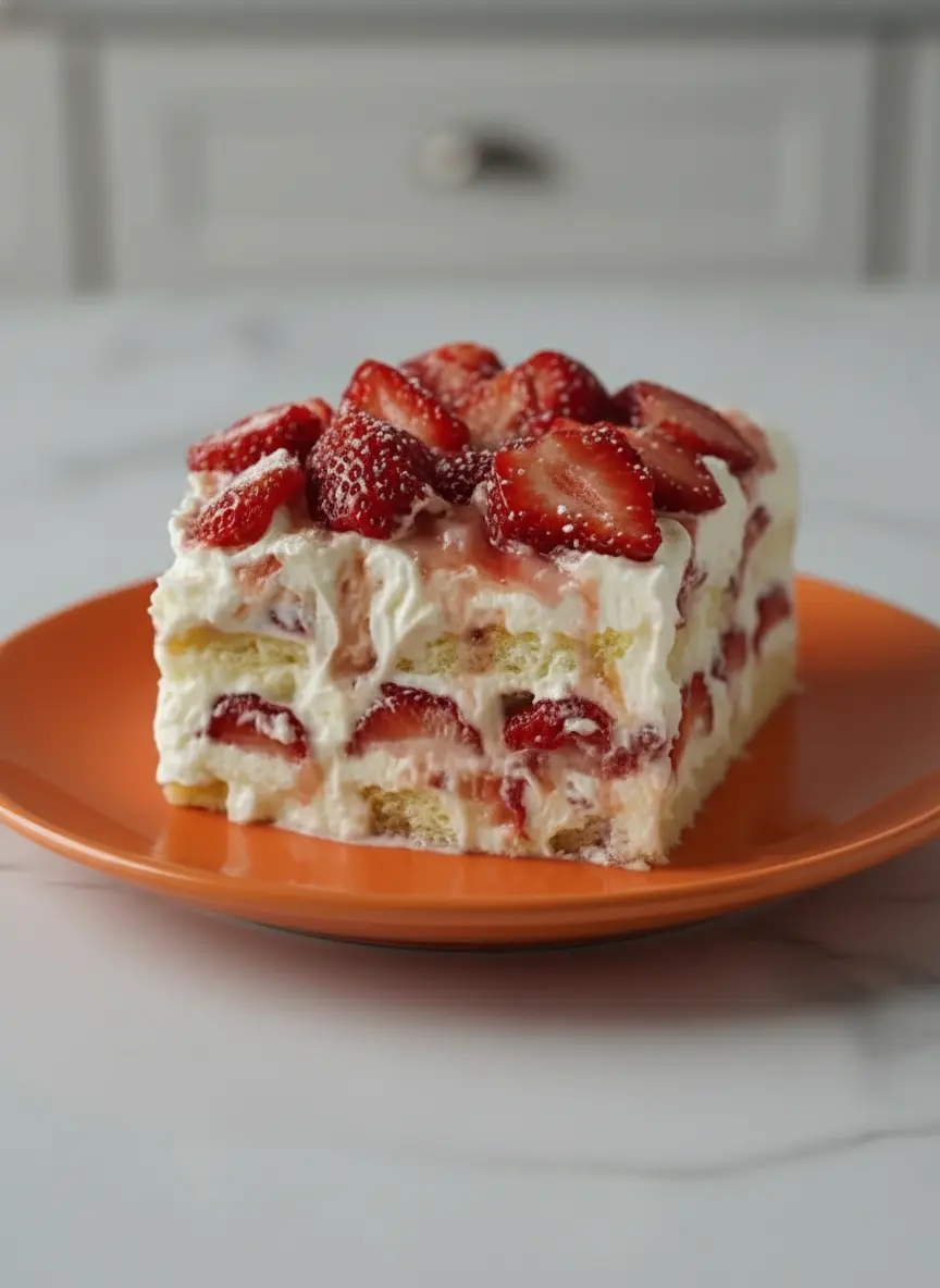 A process shot of layering the No-Bake Strawberry Cheesecake Lasagna in a clear glass 9x13 inch baking dish. The image shows a spoon gently spreading a creamy white cheesecake layer over a graham cracker crust, with vibrant red sliced strawberries visible on a previous layer. The scene is on a marble countertop under natural morning light, emphasizing the soft shadows and warm tones. (3:4 ratio)