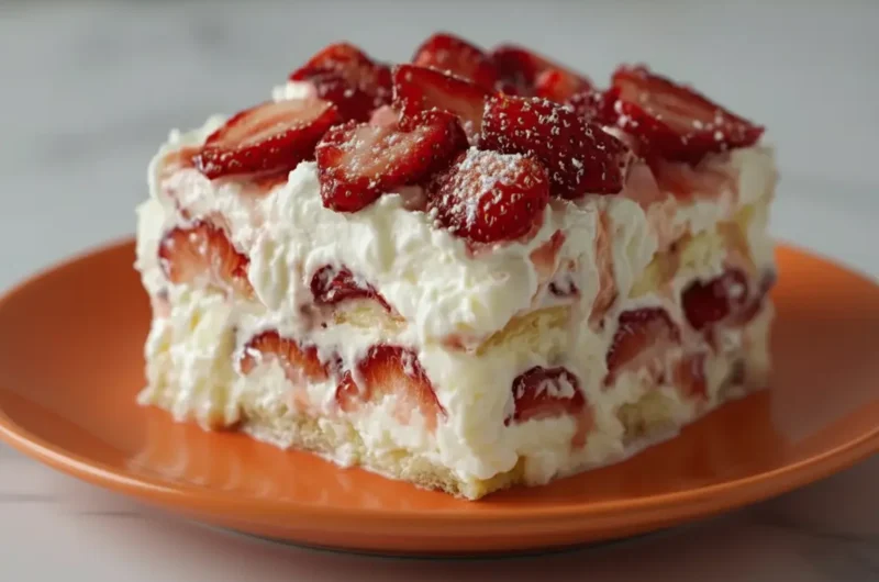 A generous slice of No-Bake Strawberry Cheesecake Lasagna on a minimalist white plate, showcasing the distinct layers of creamy white filling and bright red sliced strawberries, topped with a delicate dusting of powdered sugar. The plate rests on a cool marble countertop, bathed in soft natural morning light from an east window, with subtle warm tones and soft shadows. A wooden cutting board is subtly visible in the background. (4:3 ratio)