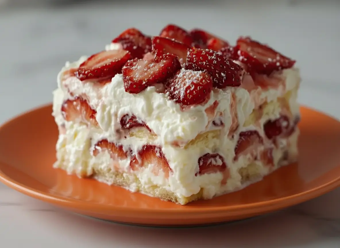 A generous slice of No-Bake Strawberry Cheesecake Lasagna on a minimalist white plate, showcasing the distinct layers of creamy white filling and bright red sliced strawberries, topped with a delicate dusting of powdered sugar. The plate rests on a cool marble countertop, bathed in soft natural morning light from an east window, with subtle warm tones and soft shadows. A wooden cutting board is subtly visible in the background. (4:3 ratio)