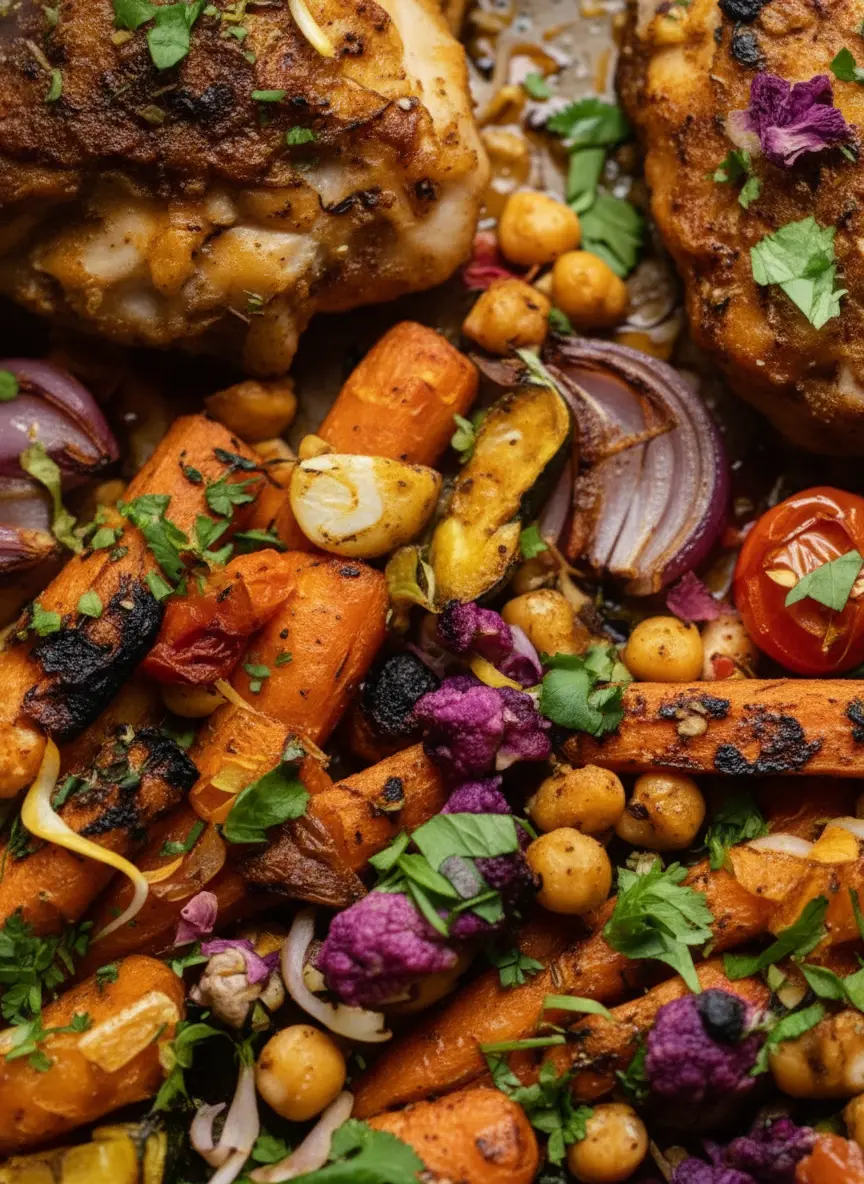 A 3:4 shot focusing on the prep phase. A wooden cutting board sits on a marble countertop with the raw ingredients for One-Pan Ras el Hanout Chicken Thighs with Roasted Vegetables. Cubed sweet potatoes, sliced carrots, and a pile of chickpeas are arranged neatly. A small ceramic bowl of the Moroccan spice blend is in the foreground, with a bunch of fresh cilantro nearby. The scene is bathed in warm, soft light from an east-facing window.