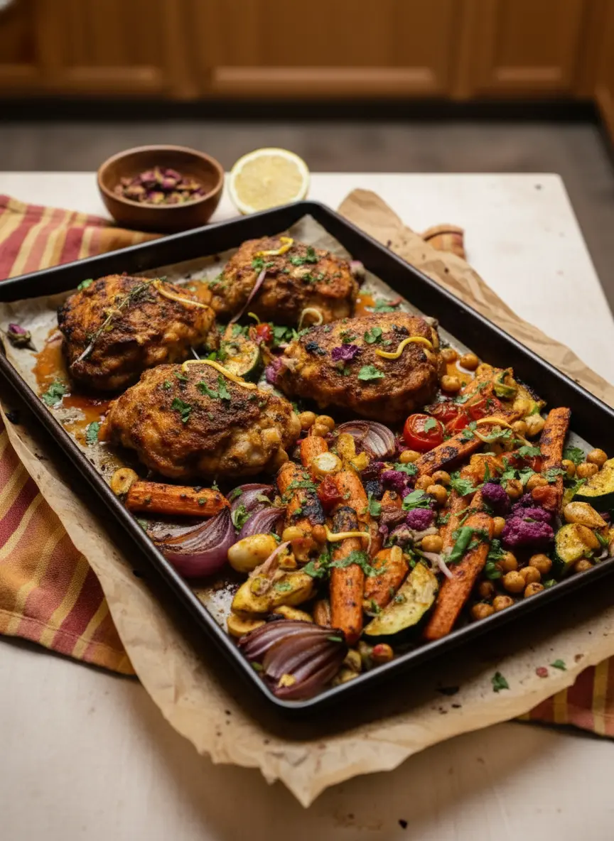 A 3:4 process shot showing the chicken thighs being seared in a blue speckled cast iron pan. The skin is turning a deep golden-brown, and steam is gently rising. Some of the Ras el Hanout spices are visible on the meat. The background shows a clean marble counter with a wooden salt cellar. No people or hands are visible.