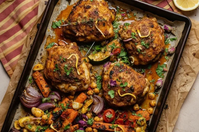 A high-angle 4:3 hero shot of a blue speckled cast iron skillet filled with golden-brown One-Pan Ras el Hanout Chicken Thighs with Roasted Vegetables. The pan is overflowing with vibrant orange sweet potato chunks, bright orange carrot rounds, charred red onion wedges, sliced green zucchini, and golden chickpeas. Two lemon slices and fresh cilantro sprigs garnish the top. The skillet sits on a background of blue and white patterned Mediterranean tiles. Natural morning light creates soft shadows. A small blue bowl containing the reddish-brown Ras el Hanout spice blend is visible in the corner.