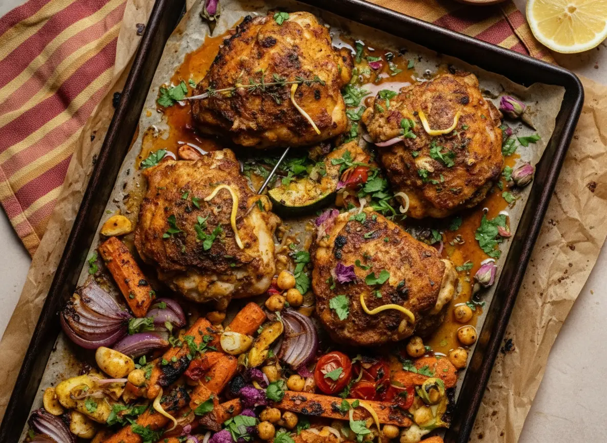 A high-angle 4:3 hero shot of a blue speckled cast iron skillet filled with golden-brown One-Pan Ras el Hanout Chicken Thighs with Roasted Vegetables. The pan is overflowing with vibrant orange sweet potato chunks, bright orange carrot rounds, charred red onion wedges, sliced green zucchini, and golden chickpeas. Two lemon slices and fresh cilantro sprigs garnish the top. The skillet sits on a background of blue and white patterned Mediterranean tiles. Natural morning light creates soft shadows. A small blue bowl containing the reddish-brown Ras el Hanout spice blend is visible in the corner.