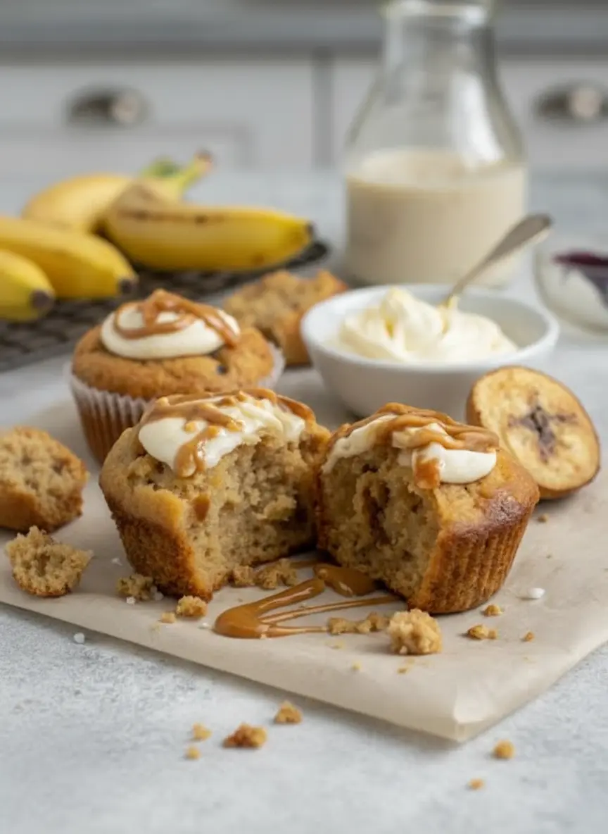 A close-up (3:4 ratio) of Peanut Butter Greek Yogurt Banana Bread Muffin batter being gently scooped into white paper liners in a silver muffin tin, showing the thick, slightly lumpy consistency of the batter, on a marble countertop with soft shadows.