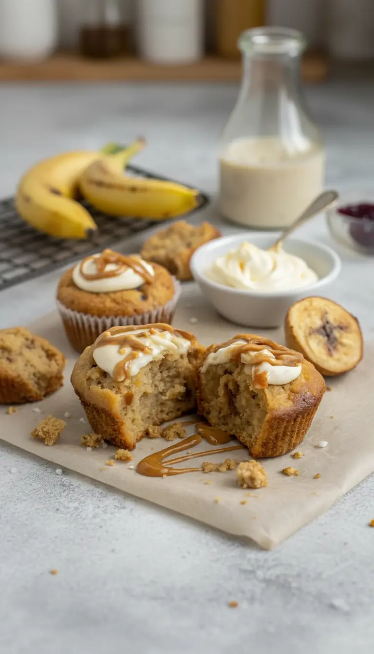A single Peanut Butter Greek Yogurt Banana Bread Muffin, beautifully cut in half (3:4 ratio), revealing its moist, tender crumb. It's generously topped with a swirl of creamy white frosting and a zigzag of rich caramel drizzle, with a few crumbs artfully scattered around on a minimalist white ceramic plate. The plate sits on a light gray marble surface with soft, warm tones from natural morning light. Fresh herbs are subtly visible in the background.