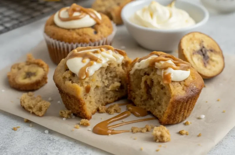 A beautifully styled hero shot (4:3 ratio) of Peanut Butter Greek Yogurt Banana Bread Muffins. One muffin is cut in half, showcasing its moist, light brown interior and rich texture, with creamy white frosting and a glistening caramel drizzle. Scattered crumbs and more caramel sauce adorn the light brown parchment paper. In the soft-focus background, whole ripe yellow bananas rest on a dark metal cooling rack, alongside small white ceramic bowls holding white frosting and a spoon, and a glass bottle, all on a light gray marble countertop with natural morning light and soft shadows.