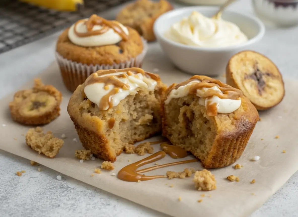 A beautifully styled hero shot (4:3 ratio) of Peanut Butter Greek Yogurt Banana Bread Muffins. One muffin is cut in half, showcasing its moist, light brown interior and rich texture, with creamy white frosting and a glistening caramel drizzle. Scattered crumbs and more caramel sauce adorn the light brown parchment paper. In the soft-focus background, whole ripe yellow bananas rest on a dark metal cooling rack, alongside small white ceramic bowls holding white frosting and a spoon, and a glass bottle, all on a light gray marble countertop with natural morning light and soft shadows.