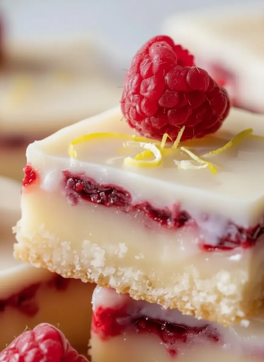 A high-angle shot of ingredients for Raspberry Lemonade Bars arranged on a marble surface and a wooden cutting board. Visible are fresh lemons, a bowl of bright red raspberries, a mound of white flour, and cubes of cold yellow butter. The lighting is bright and airy with a clean, tidy presentation.