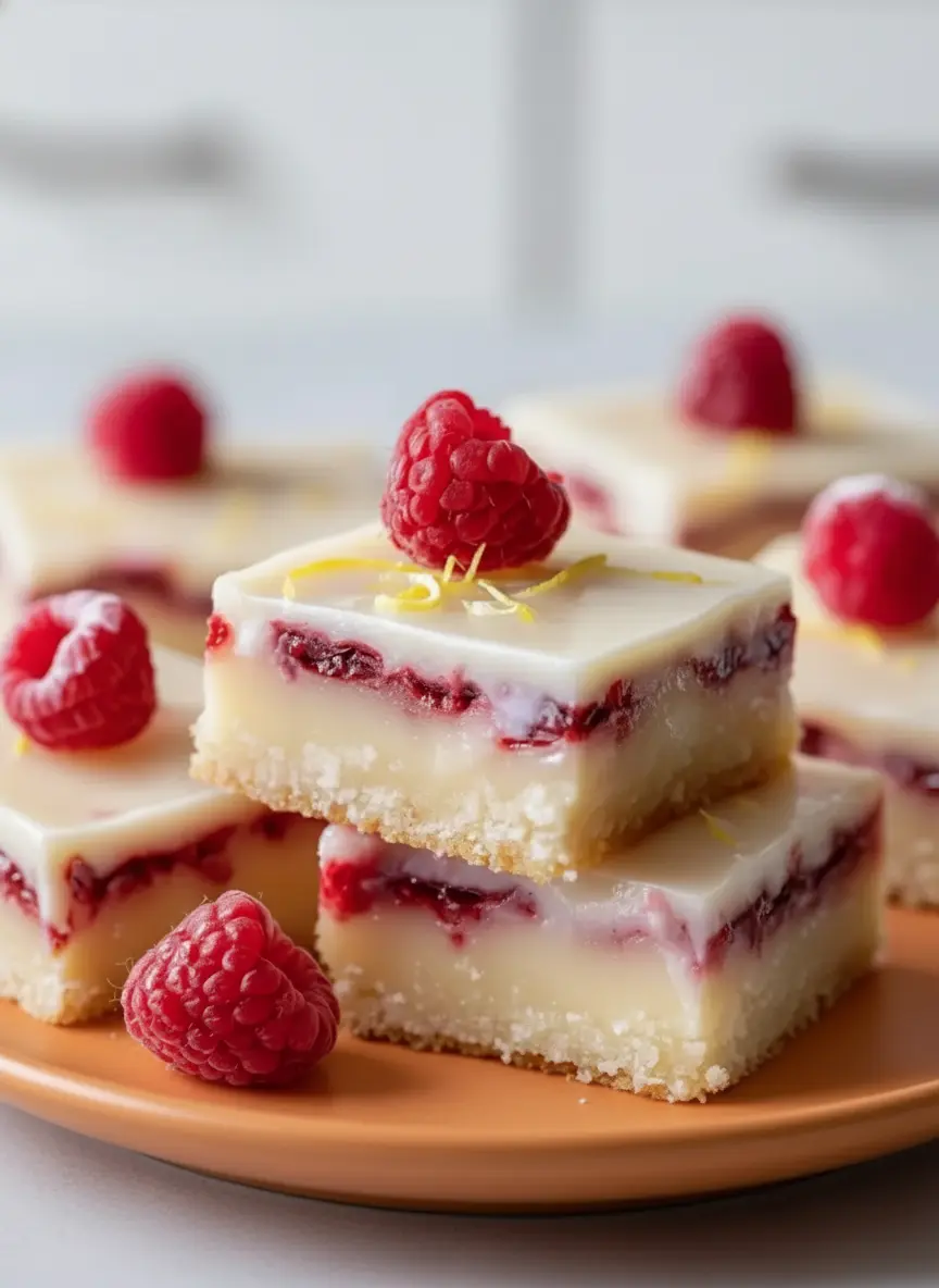 A process shot showing the deep red raspberry puree being spread over a golden-brown pre-baked shortbread crust inside a square baking pan lined with parchment paper. The focus is on the contrast between the buttery base and the vibrant fruit filling, set against the marble countertop.