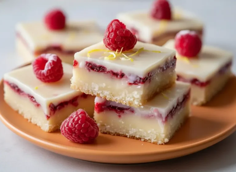 A hero shot of a stack of square Raspberry Lemonade Bars on a minimalist white ceramic plate. The bars have a thick, pale buttery shortbread crust, a bright yellow lemon layer, a distinct deep red jammy raspberry layer in the middle, and are topped with a thick, opaque white glaze. Each bar is garnished with one fresh whole raspberry and delicate curls of lemon zest. The scene is set on a white marble countertop with a weathered wooden cutting board in the corner, illuminated by soft, natural morning light coming from a nearby window, creating gentle shadows.