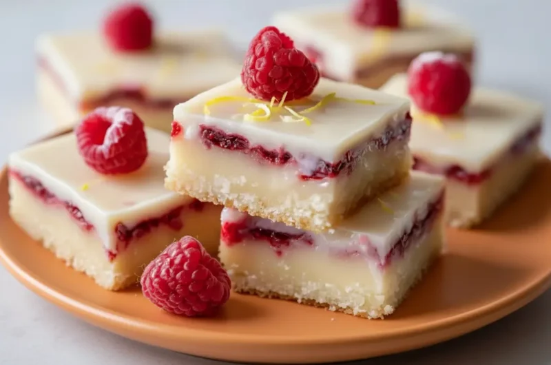 A hero shot of a stack of square Raspberry Lemonade Bars on a minimalist white ceramic plate. The bars have a thick, pale buttery shortbread crust, a bright yellow lemon layer, a distinct deep red jammy raspberry layer in the middle, and are topped with a thick, opaque white glaze. Each bar is garnished with one fresh whole raspberry and delicate curls of lemon zest. The scene is set on a white marble countertop with a weathered wooden cutting board in the corner, illuminated by soft, natural morning light coming from a nearby window, creating gentle shadows.