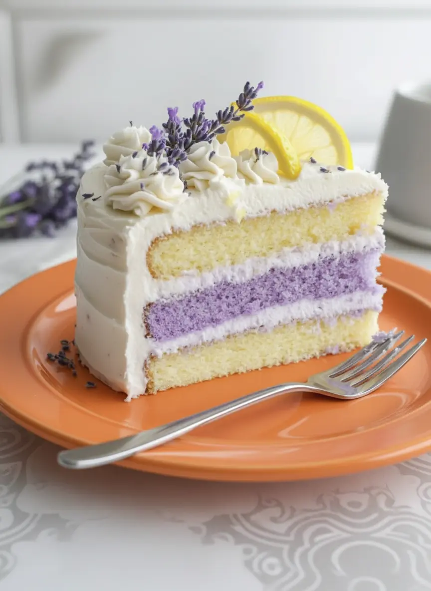 A process shot showing the white buttercream being smoothed onto the side of the stacked cake. The three distinct layers (yellow-purple-yellow) are visible through a thin crumb coat. The cake sits on a rotating stand on a marble island with wood accents in the background. No people or hands are visible.