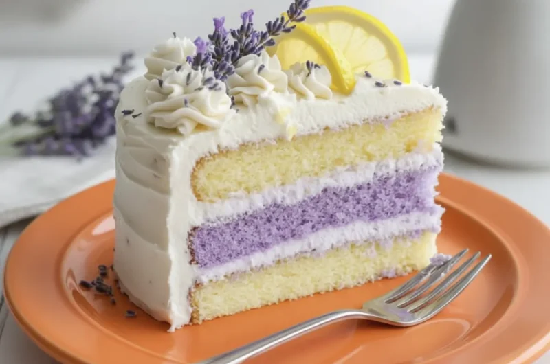 A hero shot of a three-layer lemon lavender cake on a minimalist white ceramic plate. The cake has two light yellow layers on the outside and one vibrant purple layer in the center. It is covered in smooth, thick white buttercream with elegant piped swirls on top. Fresh lavender sprigs and thin lemon half-moon slices decorate the top. The scene is set on a white marble countertop with soft morning light coming from the side, creating gentle shadows. Fresh lavender stems are blurred in the background.