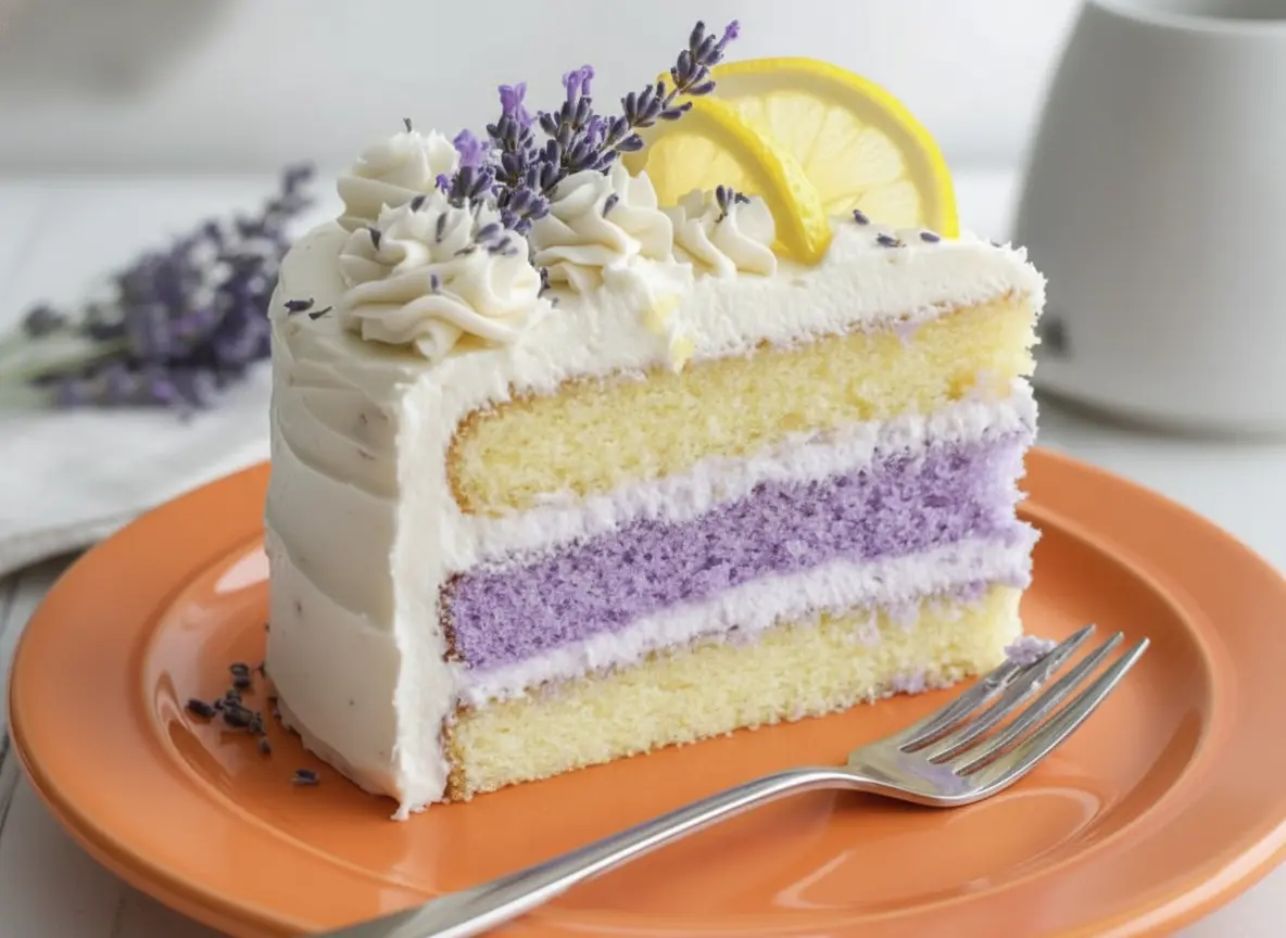 A hero shot of a three-layer lemon lavender cake on a minimalist white ceramic plate. The cake has two light yellow layers on the outside and one vibrant purple layer in the center. It is covered in smooth, thick white buttercream with elegant piped swirls on top. Fresh lavender sprigs and thin lemon half-moon slices decorate the top. The scene is set on a white marble countertop with soft morning light coming from the side, creating gentle shadows. Fresh lavender stems are blurred in the background.