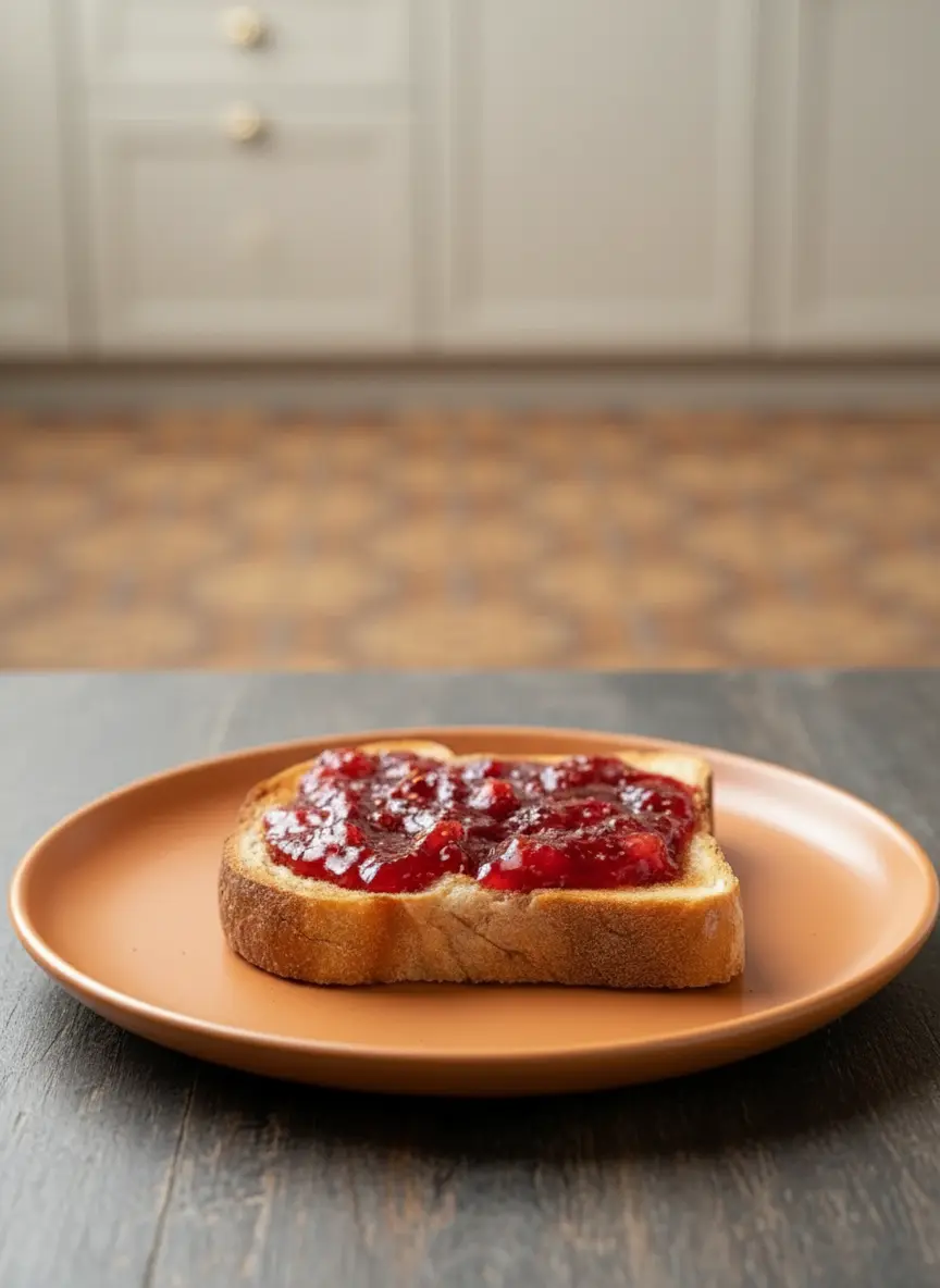 A heavy-bottomed pot on a stovetop, filled with simmering vibrant red quick strawberry jam without pectin, showing the jam thickening and bubbling gently. A wooden spoon rests inside. The kitchen features natural morning light, marble countertops, and warm tones. 3:4 aspect ratio.
