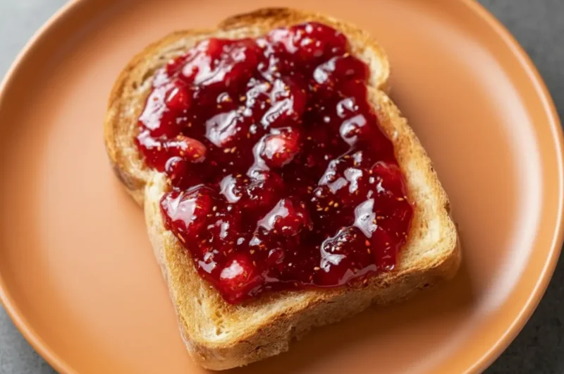 A golden-brown slice of toast on a minimalist white plate, generously spread with thick, glossy, vibrant red quick strawberry jam without pectin, showcasing visible strawberry pieces and seeds. Shot in a bright kitchen with natural morning light from an east window, soft shadows, marble countertops, and a wooden cutting board with fresh herbs blurred in the background. Warm tones, clean and tidy presentation. 4:3 aspect ratio.