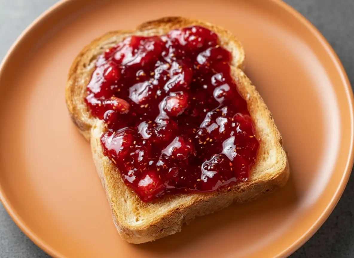 A golden-brown slice of toast on a minimalist white plate, generously spread with thick, glossy, vibrant red quick strawberry jam without pectin, showcasing visible strawberry pieces and seeds. Shot in a bright kitchen with natural morning light from an east window, soft shadows, marble countertops, and a wooden cutting board with fresh herbs blurred in the background. Warm tones, clean and tidy presentation. 4:3 aspect ratio.
