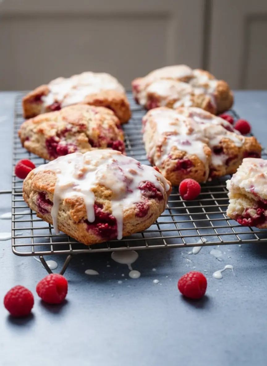 A process shot of partially mixed scone dough on the wooden cutting board, being gently pressed or cut into triangles. Visible flecks of cold butter and bright red raspberries are incorporated into the shaggy dough. The scene is illuminated by natural morning light, creating soft shadows, with a clean marble background and warm tones, reflecting a genuine love for the process, 3:4 aspect ratio.